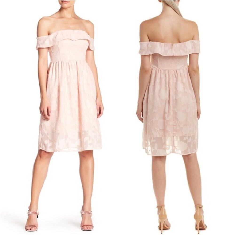 CUPCAKES & CASHMERE Pink Floral Off Shoulder Dress Fit Flare Tea Dress SMALL